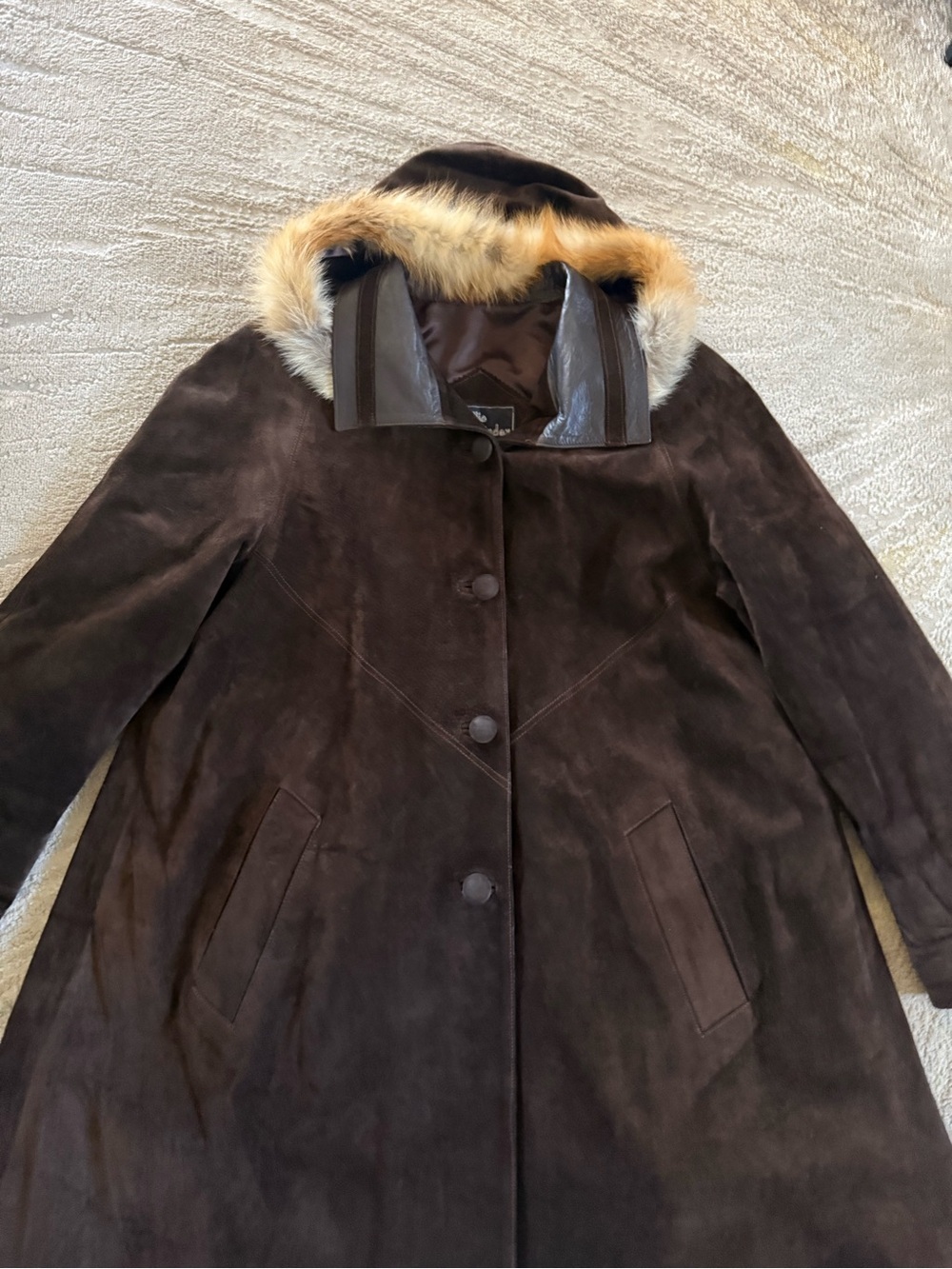 Vintage brown suede leather long line coat jacket with hood fur trim 40 / medium - Picture 12 of 12